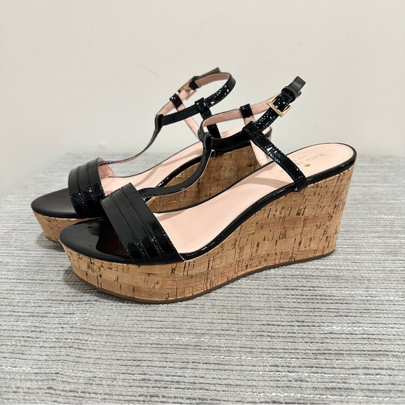 kate spade Shoes - Kate Spade Tallin Black Patent Leather T-Strap Cork Platform‎ Wedge Sandal 10,5